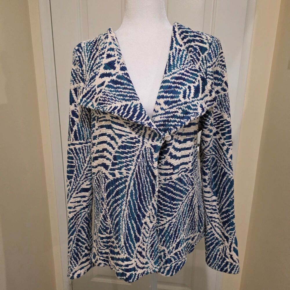 Peruvian Connection One Button Tropical Leaf Print Blue Cardigan Pima Cotton L